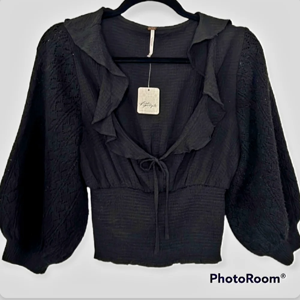 NWT Free People Billie Black Ruffle Smocked Sweater S